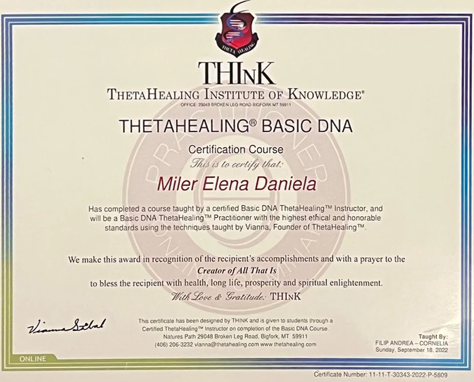 Basic DNA Theta Healing Certification for Dana Miler