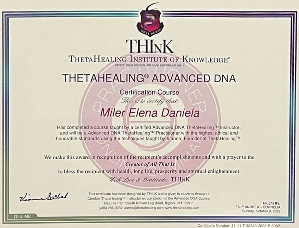 Advanced DNA Theta Healing Certification for Dana Miler